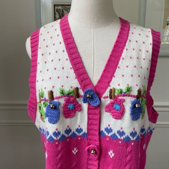 Vintage Quacker Factory Button Front Sweater Vest Novelty Mitten Knit Pink S - Picture 2 of 11